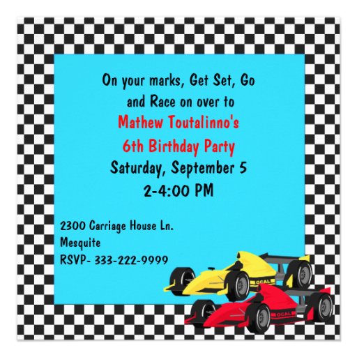 Boy's Race Cars Birthday Party Invitation