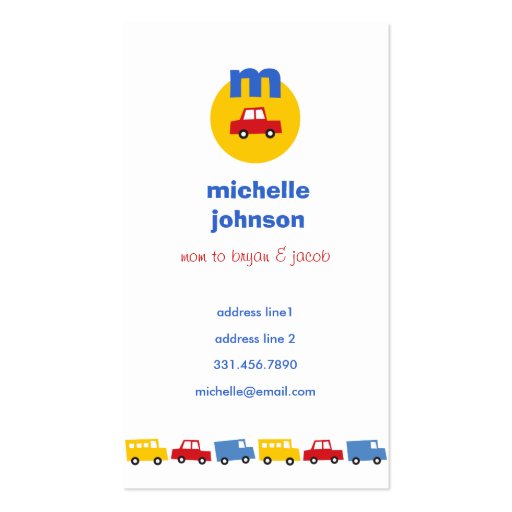 Boys' Toys Car Fun Cute Mom Dad Calling Card Business Card Template (front side)