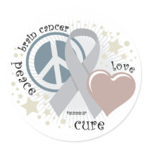Brain Cancer Peace Love Cure stickers by fightcancertees Brain Cancer Peace Love Cure stickers