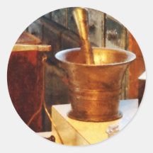 Brass Mortar and Pestle Round Sticker
