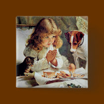 Breakfast in Bed: Girl, Terrier and Kitty Cat buttons