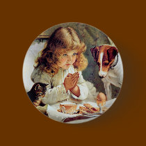 Breakfast in Bed: Girl, Terrier and Kitty Cat buttons