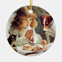 Breakfast in Bed: Girl, Terrier and Kitty Cat Christmas Tree Ornaments