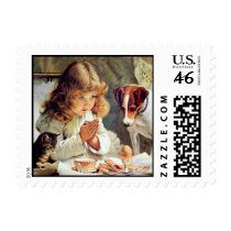 Breakfast in Bed: Girl, Terrier and Kitty Cat Stamp