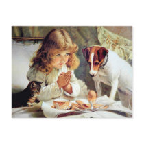 Breakfast in Bed: Girl, Terrier and Kitty Cat Post Cards