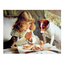 Breakfast in Bed: Girl, Terrier and Kitty Cat Post Cards