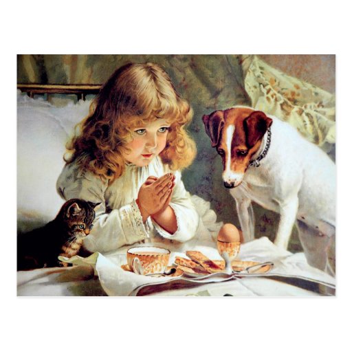 Breakfast in Bed Girl, Terrier and Kitty Cat Postcard Zazzle