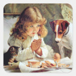 Breakfast in Bed: Girl, Terrier and Kitty Cat Stickers