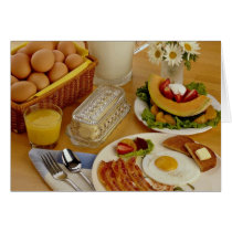 Breakfast of bacon, eggs and pitcher of milk card
