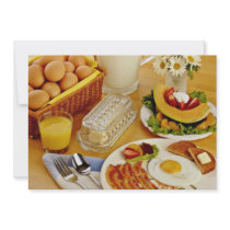 Breakfast of bacon, eggs and pitcher of milk  flow announcements