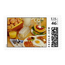 Breakfast of bacon, eggs and pitcher of milk  flow postage