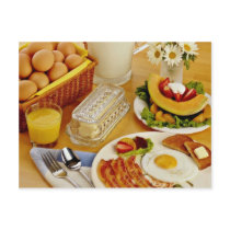 Breakfast of bacon, eggs and pitcher of milk  flow postcard