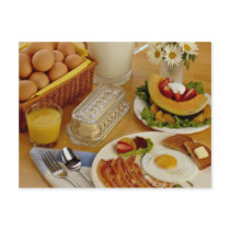 Breakfast of bacon, eggs and pitcher of milk post card