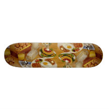Breakfast of bacon, eggs and pitcher of milk skate board decks