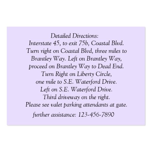 Breathless Lightly Lavendar Direction Cards Business Card Templates (back side)