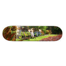 Brick Home, Adirondack Wooden Chairs, Shrubs Plaza Custom Skate Board
