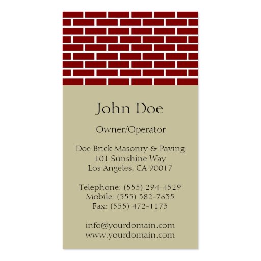 Brick Mason Tan/Fire Red Brick Business Card Template (back side)