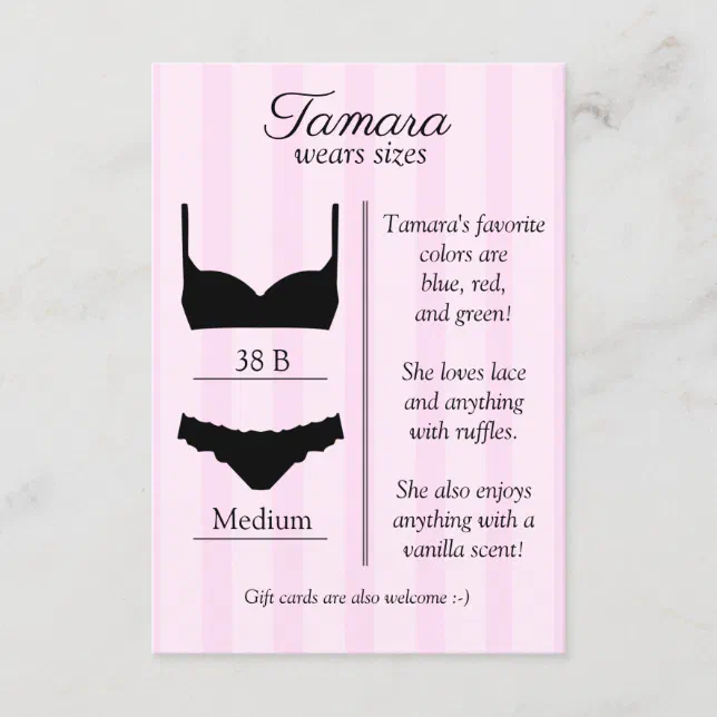 Bridal Lingerie Size Insert Card Zazzle