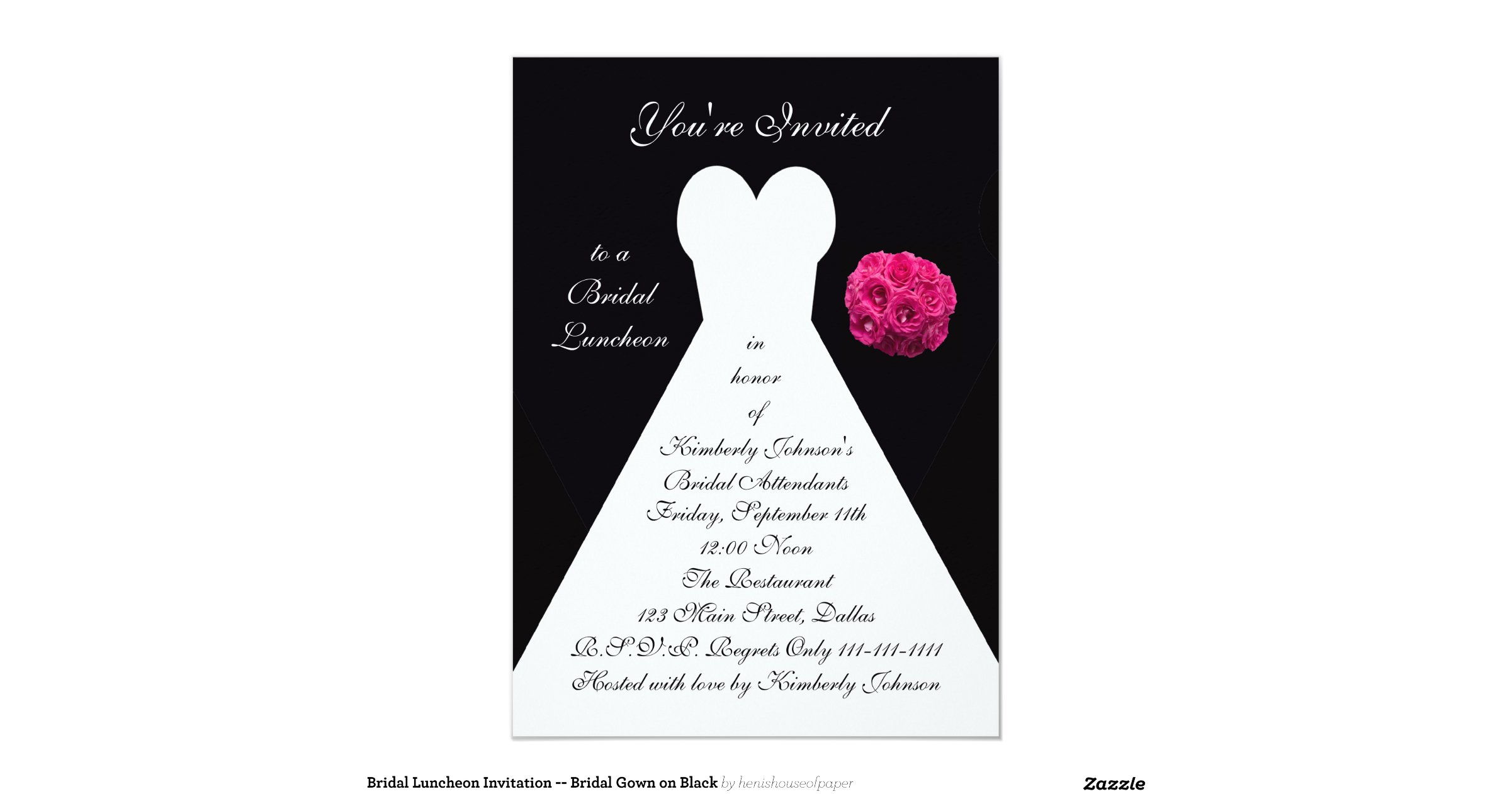 Bridal Luncheon Invitation -- Bridal Gown on Black 5" X 7" Invitation Card | Zazzle