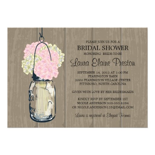 Bridal Shower Barn Wood Mason Jar Hydrangeas Custom Announcements