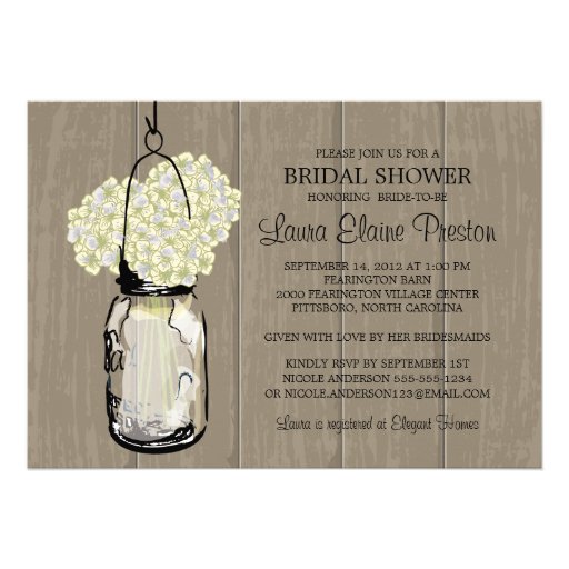 Bridal Shower Barn Wood Mason Jar Hydrangeas Personalized Invite