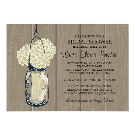 Bridal Shower Barn Wood Mason Jar Hydrangeas Personalized Invites