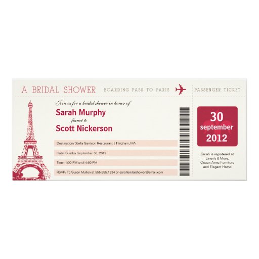 Bridal Shower Boarding Pass to Paris France Personalized Invitation