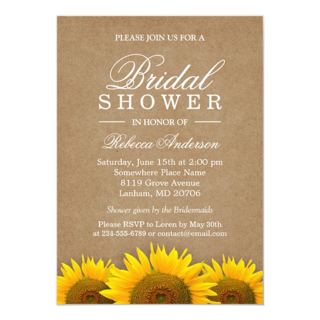 Bridal Shower Elegant Rustic Sunflower Linen Kraft 5x7 Paper Invitation Card (front side)