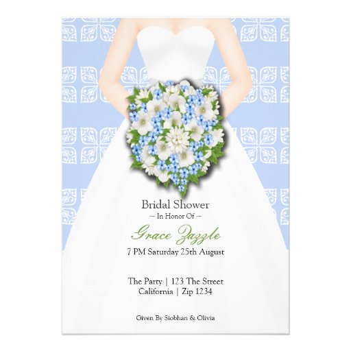 Bridal Shower Elegant Wedding Dress Blue Flowers Invitations