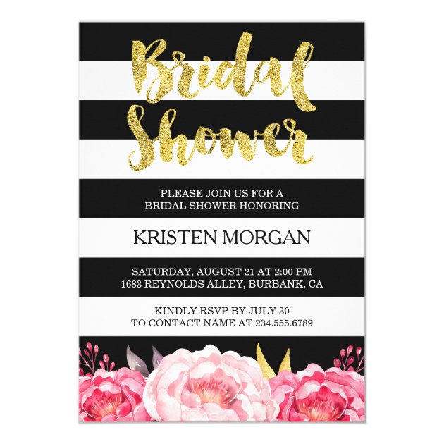 Bridal Shower Gold Glitter Pink Floral Stripes Card