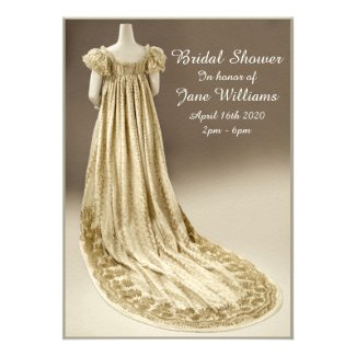 A bridal shower wedding invitation card with a gold wedding gown and train, decorated with strips of gold and worn at the French Royal Court in Paris in the early 1800's.

