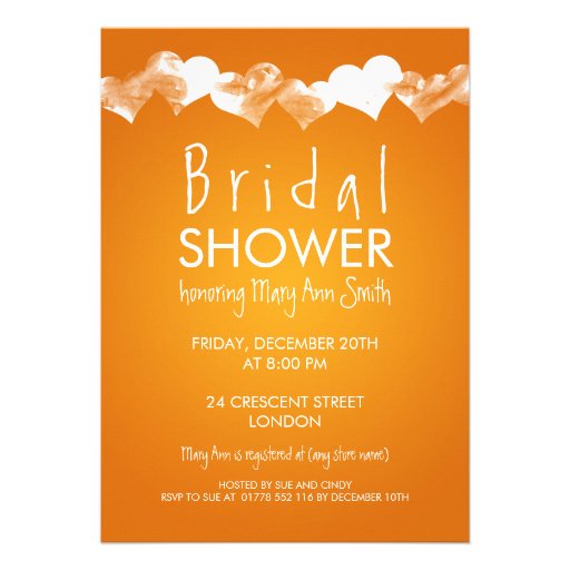 Bridal Shower Grunge Hearts Orange Personalized Invite (front side)