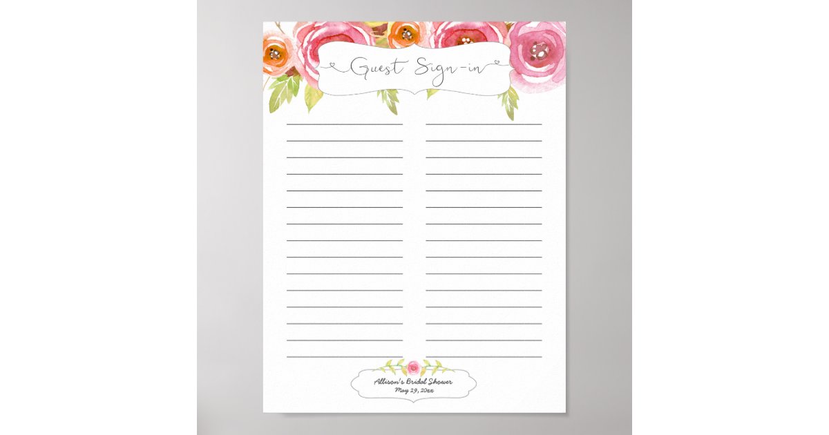 bridal-shower-guest-sign-in-sheet-pink-floral-poster-zazzle