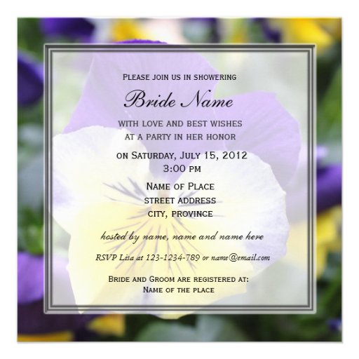 Bridal shower invitation, blue pansy flower