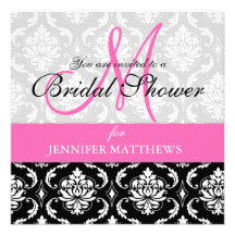 Bridal Shower Invitation Damask Hot Pink Monogram