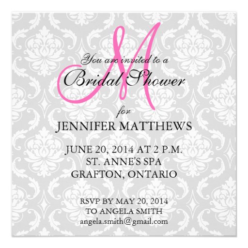 Bridal Shower Invitation Damask Hot Pink Monogram