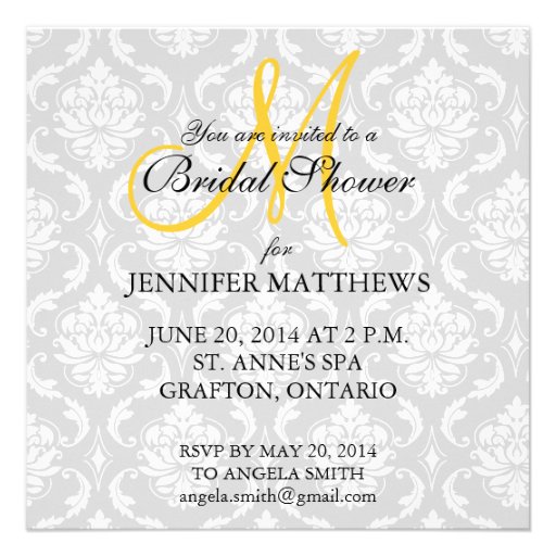 Bridal Shower Invitation Damask Yellow Monogram