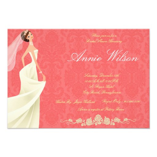 Bridal shower ivory dress damask invitation cards