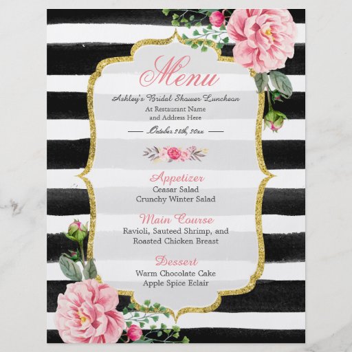 Bridal Shower Luncheon Menu Classy Floral Stripes Zazzle