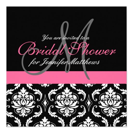 Bridal Shower Monogram Damask Invitations Pink