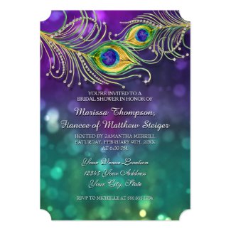 Bridal Shower Peacock Feather Jeweled Feathers 5x7 Paper Invitation Card