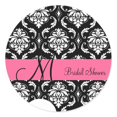 Bridal Shower Pink Damask Monogram Wedding Label Stickers