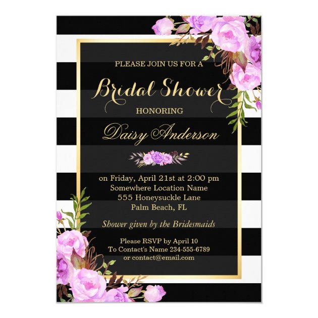 Bridal Shower Purple Floral Gold Frame Stripes Card