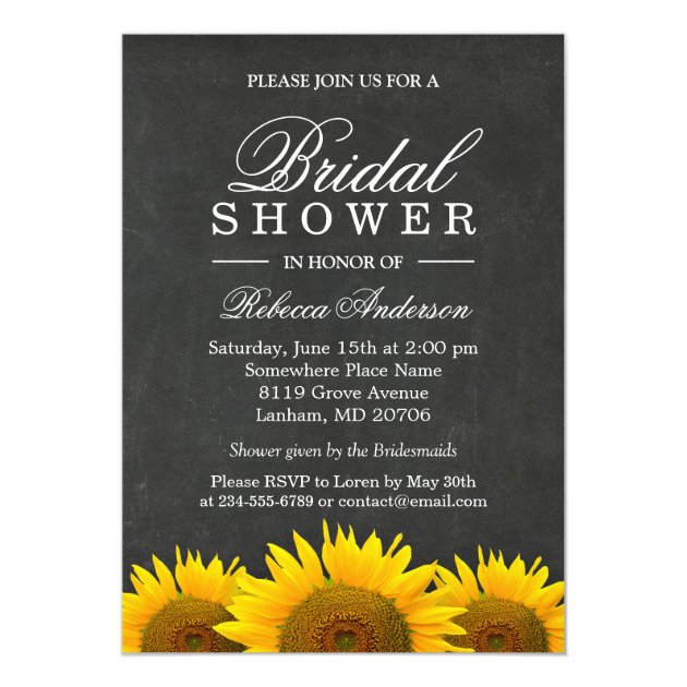 Bridal Shower Rustic Sunflower Black Chalkboard Card (front side)