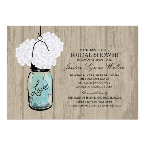 Bridal Shower Rustic Wood Mason Jar Hydrangeas Personalized Announcements