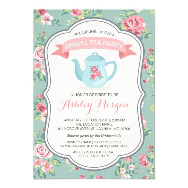 Bridal Shower Tea Party Elegant Vintage Floral Card (front side)