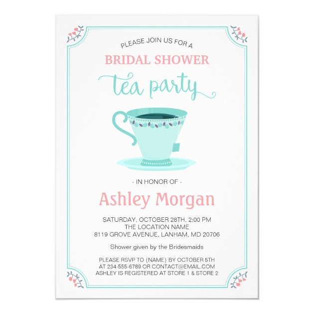 Bridal Shower Tea Party Floral Light Pink Mint Card