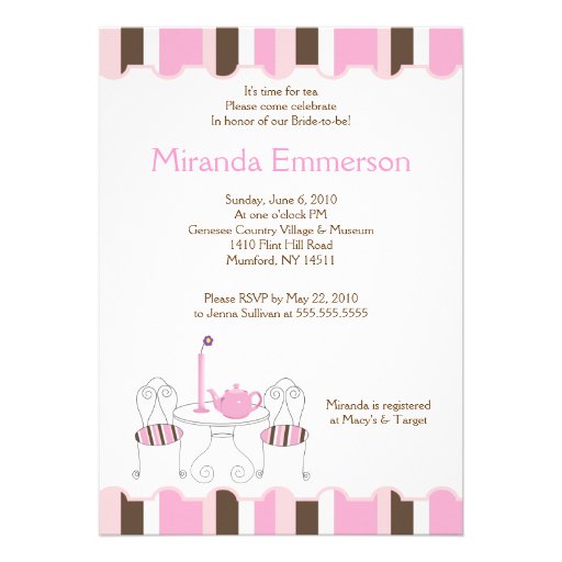 Bridal Shower Tea Party Pink Stripe 5x7 Custom Invitations