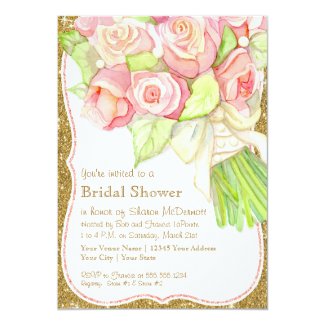 Bridal Shower Watercolor Rose Bouquet Satin Pearls 5x7 Paper Invitation Card