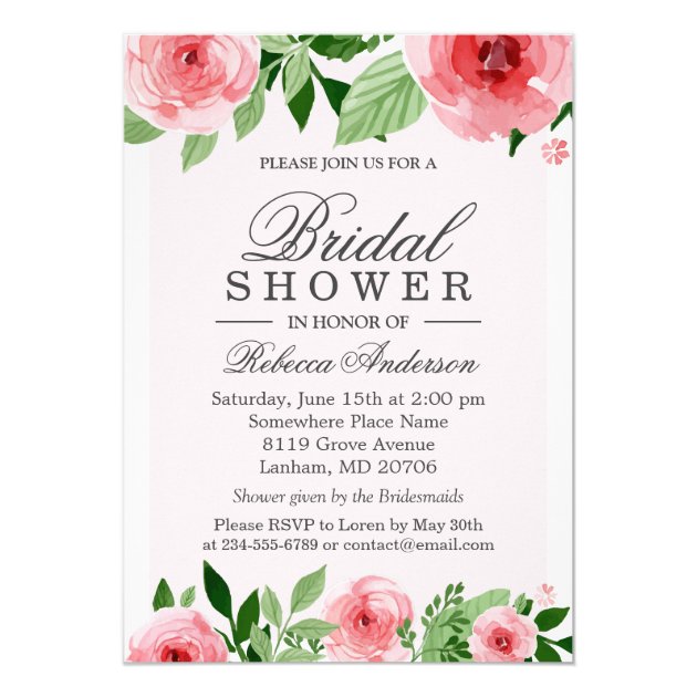 Bridal Shower Watercolor Rose Flowers Botanical Card (front side)